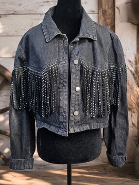 Bavely Embellished Black Denim Jacket with Fringe Size Medium